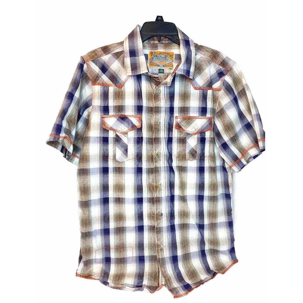 Petrol Industries Men's Short Sleeve Large Orange black White  Shirt Plaid